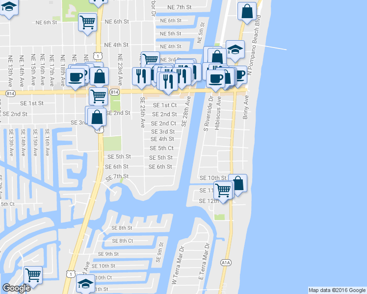 map of restaurants, bars, coffee shops, grocery stores, and more near 410 Southeast 28th Avenue in Pompano Beach
