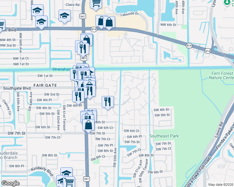 map of restaurants, bars, coffee shops, grocery stores, and more near 282 North Cortez Drive in Margate