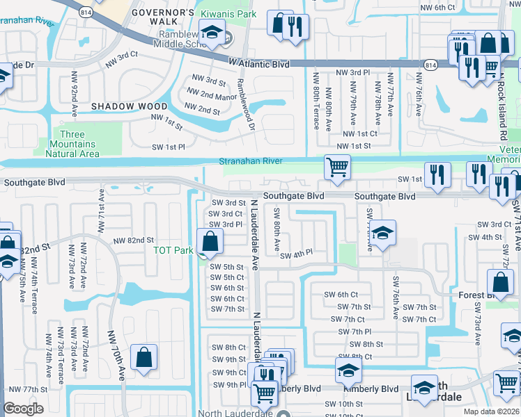 map of restaurants, bars, coffee shops, grocery stores, and more near 304 Southwest 80th Terrace in North Lauderdale