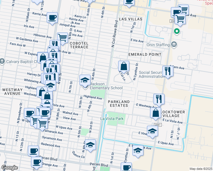 map of restaurants, bars, coffee shops, grocery stores, and more near 200 Harvey Street in McAllen
