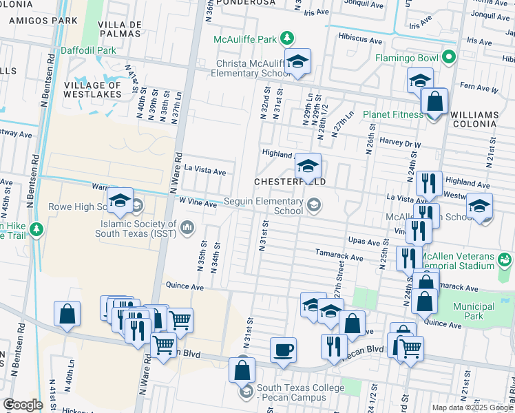 map of restaurants, bars, coffee shops, grocery stores, and more near 2200 North 32nd Street in McAllen
