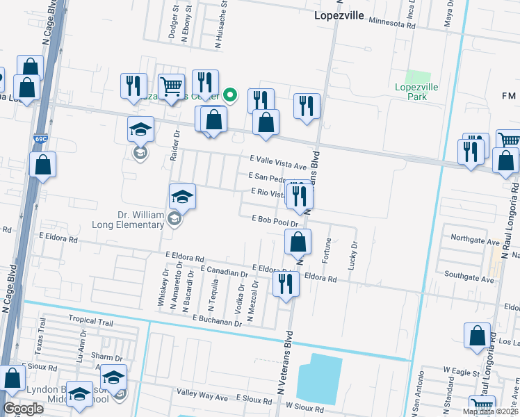 map of restaurants, bars, coffee shops, grocery stores, and more near 1100 East Nell Pool Drive in Pharr