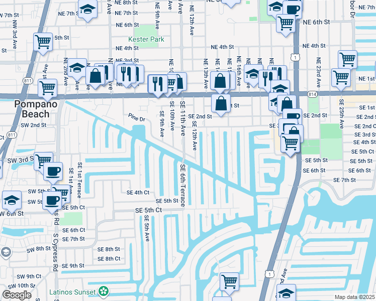 map of restaurants, bars, coffee shops, grocery stores, and more near 344 Southeast 11th Avenue in Pompano Beach