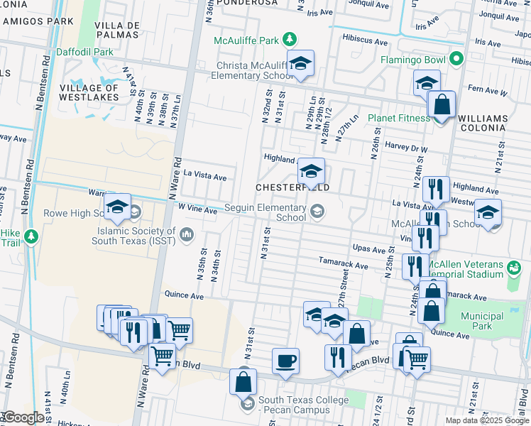map of restaurants, bars, coffee shops, grocery stores, and more near 2200 North 32nd Street in McAllen