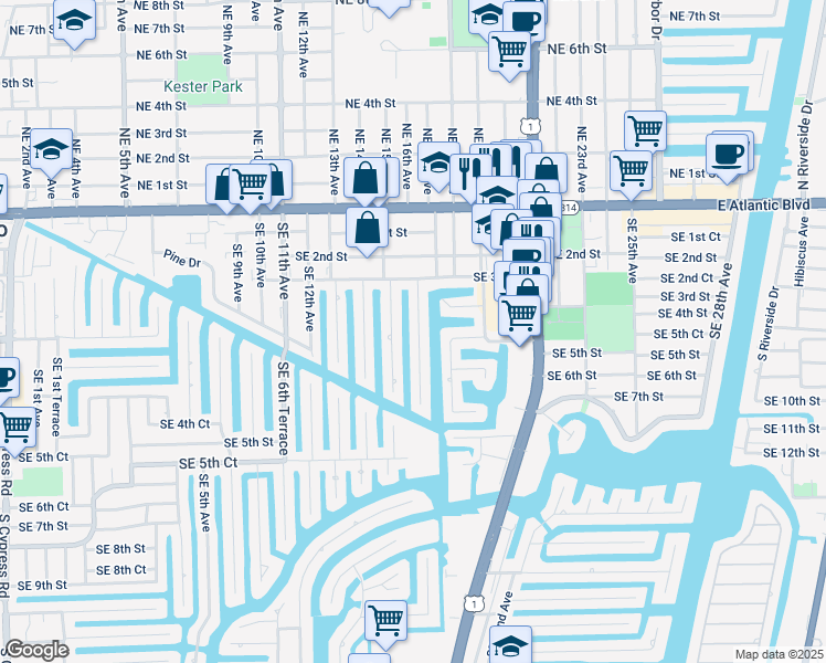 map of restaurants, bars, coffee shops, grocery stores, and more near 381 Southeast 16th Avenue in Pompano Beach