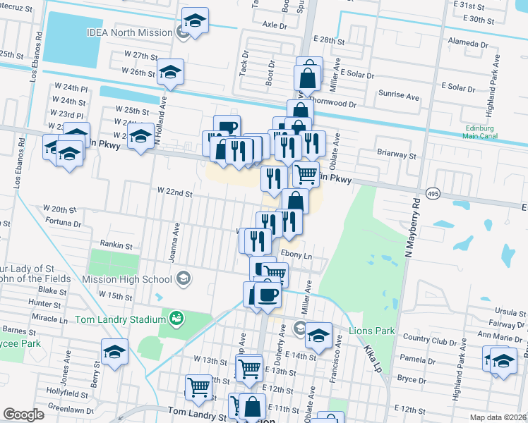 map of restaurants, bars, coffee shops, grocery stores, and more near 2014 North Dunlap Avenue in Mission