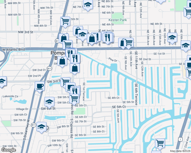 map of restaurants, bars, coffee shops, grocery stores, and more near 321 Southeast 3rd Street in Pompano Beach