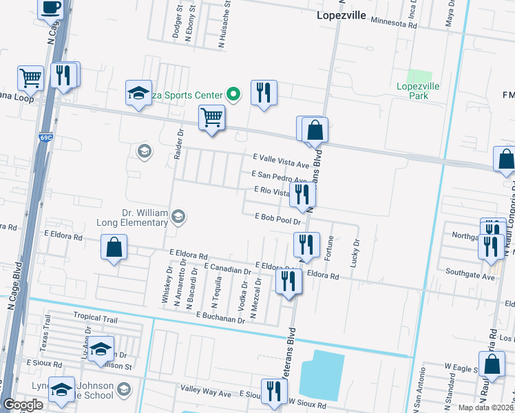 map of restaurants, bars, coffee shops, grocery stores, and more near 1100 East Nell Pool Drive in Pharr