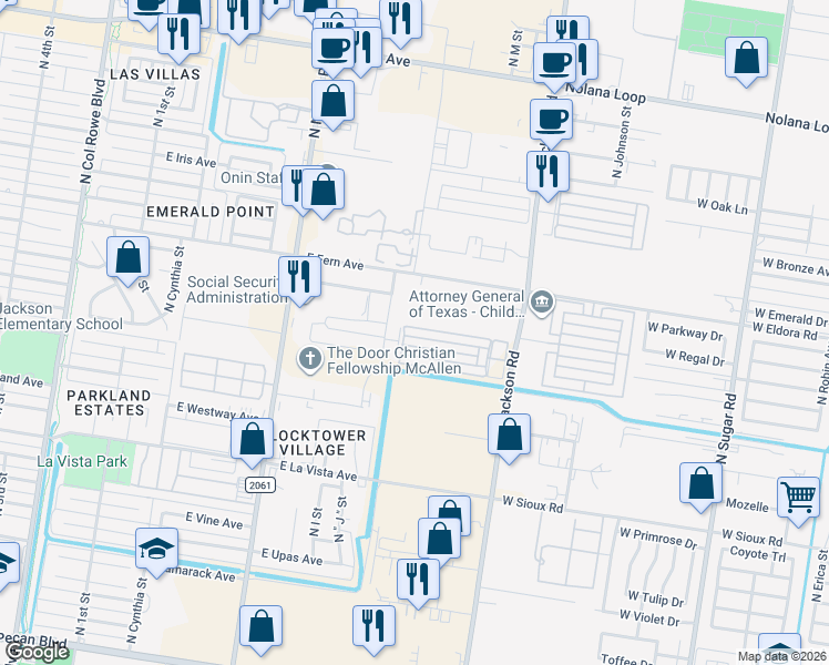 map of restaurants, bars, coffee shops, grocery stores, and more near 1205 East Daffodil Avenue in McAllen