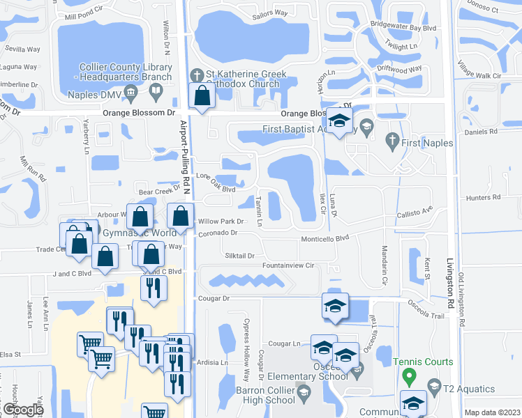 map of restaurants, bars, coffee shops, grocery stores, and more near 6618 Tannin Lane in Naples