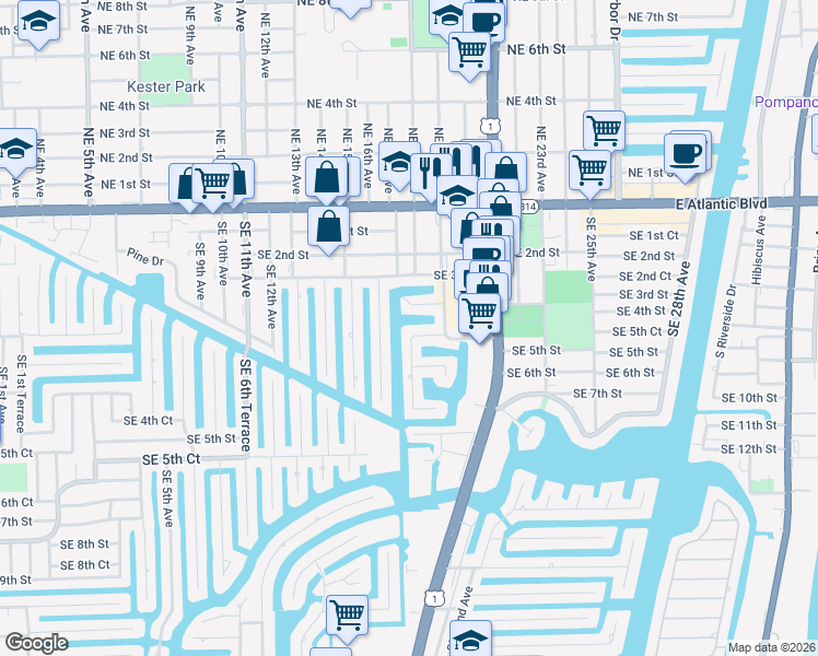 map of restaurants, bars, coffee shops, grocery stores, and more near 1791 Southeast 5th Court in Pompano Beach