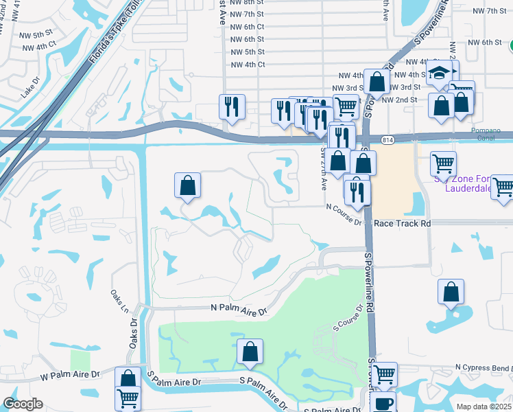 map of restaurants, bars, coffee shops, grocery stores, and more near 2803 North Course Drive in Pompano Beach
