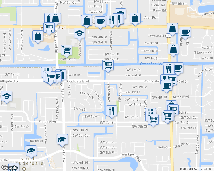 map of restaurants, bars, coffee shops, grocery stores, and more near 359 Southwest 65th Avenue in Margate