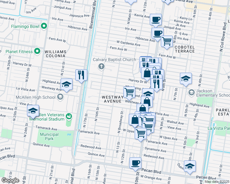 map of restaurants, bars, coffee shops, grocery stores, and more near 2600 North Main Street in McAllen