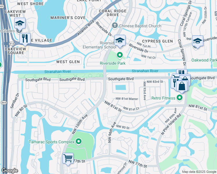 map of restaurants, bars, coffee shops, grocery stores, and more near 8252 Prestige Commons Drive in Tamarac