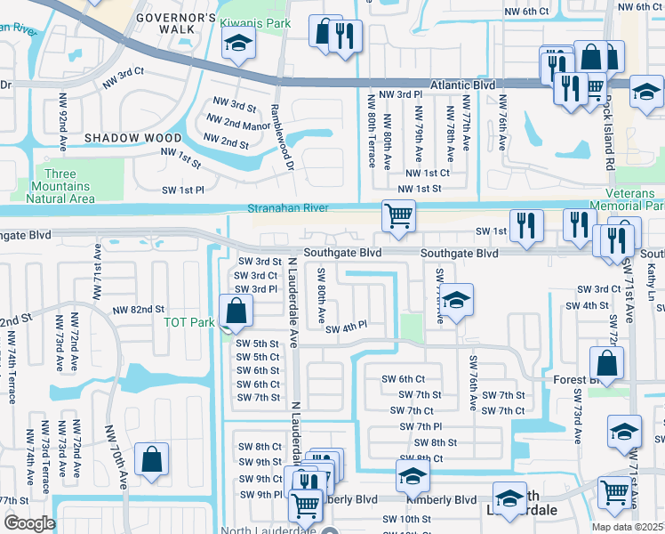 map of restaurants, bars, coffee shops, grocery stores, and more near 302 Southwest 79th Terrace in North Lauderdale