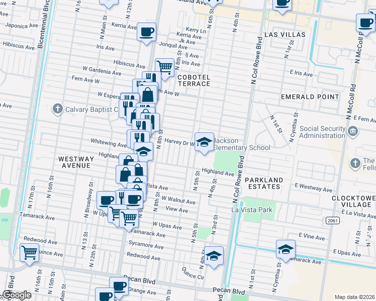 map of restaurants, bars, coffee shops, grocery stores, and more near 2705 North 6th Street in McAllen
