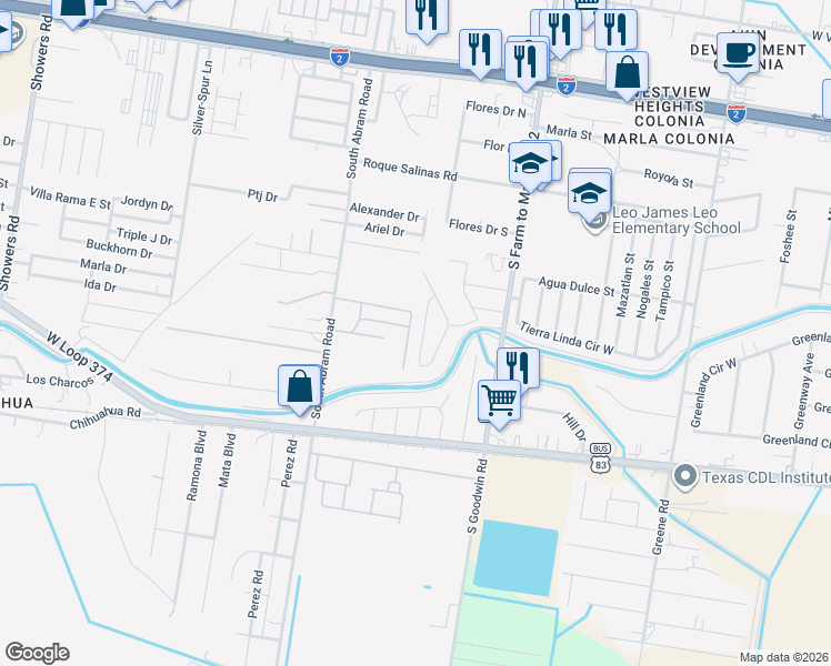 map of restaurants, bars, coffee shops, grocery stores, and more near 1110 Raptor Street in Palmview