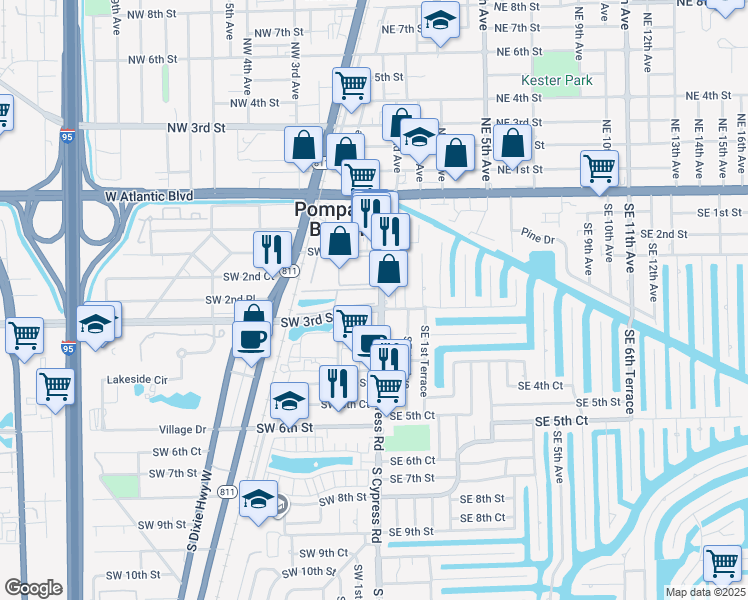 map of restaurants, bars, coffee shops, grocery stores, and more near 21 Southwest 3rd Street in Pompano Beach