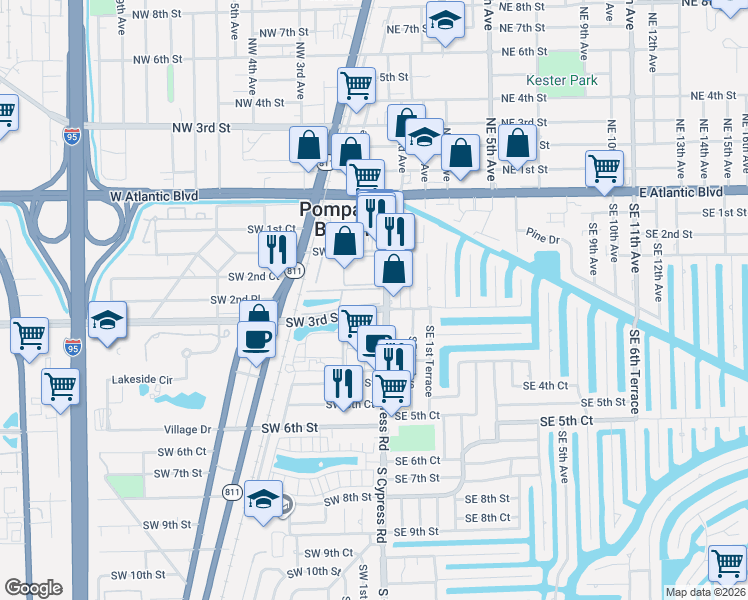 map of restaurants, bars, coffee shops, grocery stores, and more near 21 Southwest 3rd Street in Pompano Beach