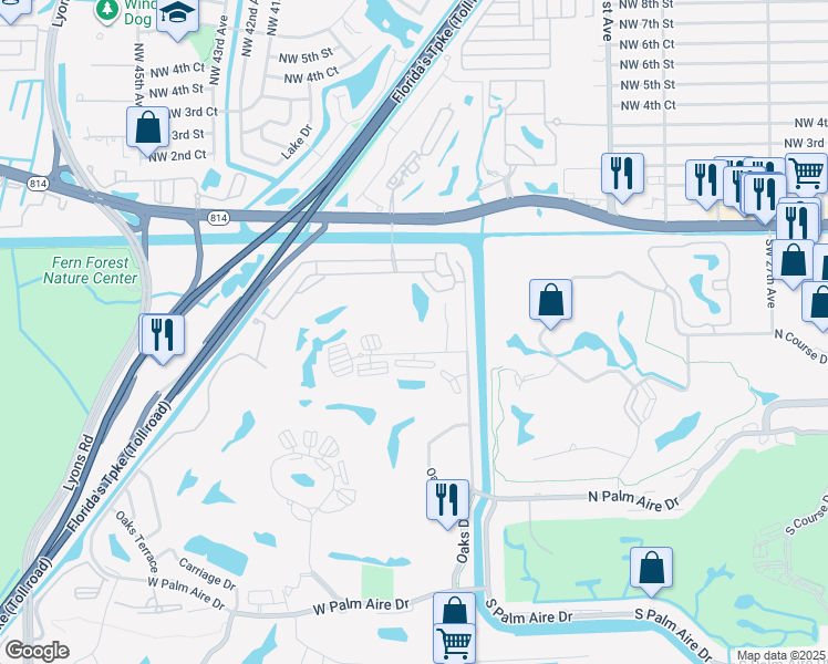 map of restaurants, bars, coffee shops, grocery stores, and more near 3503 Oaks Way in Pompano Beach