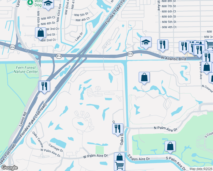 map of restaurants, bars, coffee shops, grocery stores, and more near 3503 Oaks Way in Pompano Beach