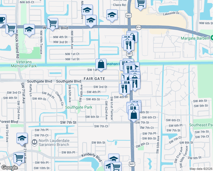 map of restaurants, bars, coffee shops, grocery stores, and more near 6131 Southwest 3rd Street in Margate