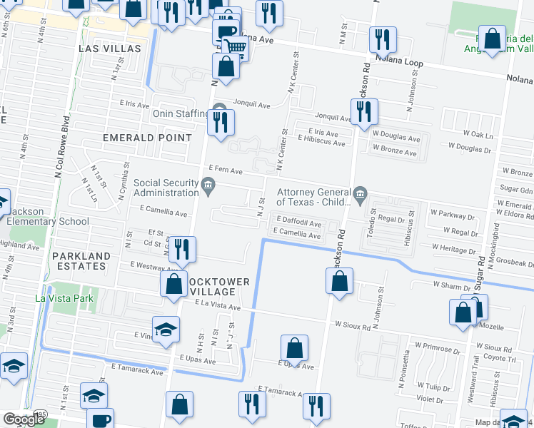 map of restaurants, bars, coffee shops, grocery stores, and more near 1201 East Daffodil Avenue in McAllen