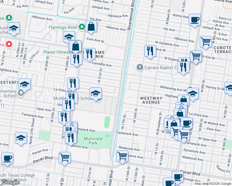 map of restaurants, bars, coffee shops, grocery stores, and more near 1915 Westway Avenue in McAllen