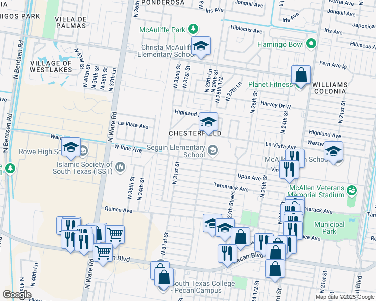 map of restaurants, bars, coffee shops, grocery stores, and more near 3005 Walnut Avenue in McAllen