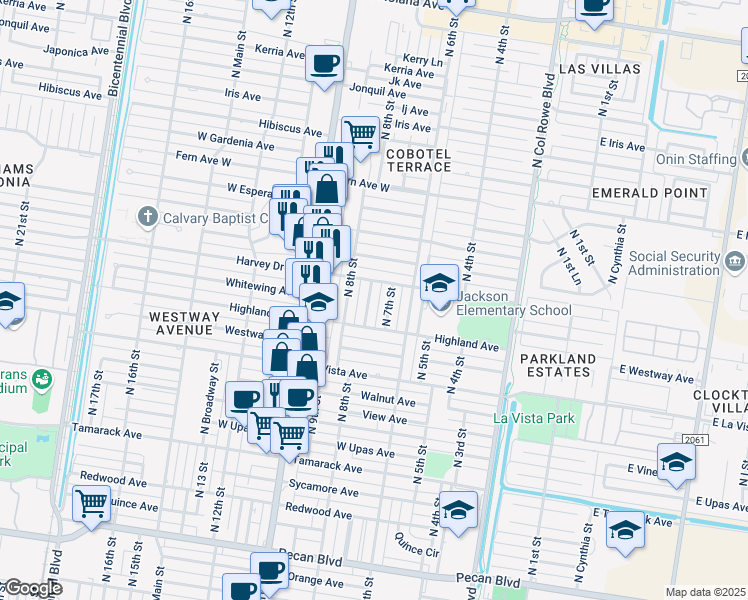 map of restaurants, bars, coffee shops, grocery stores, and more near 2700 North 7 1/2 Street in McAllen