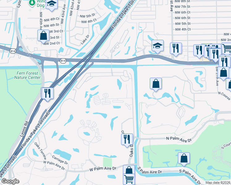 map of restaurants, bars, coffee shops, grocery stores, and more near 3503 Oaks Way in Pompano Beach