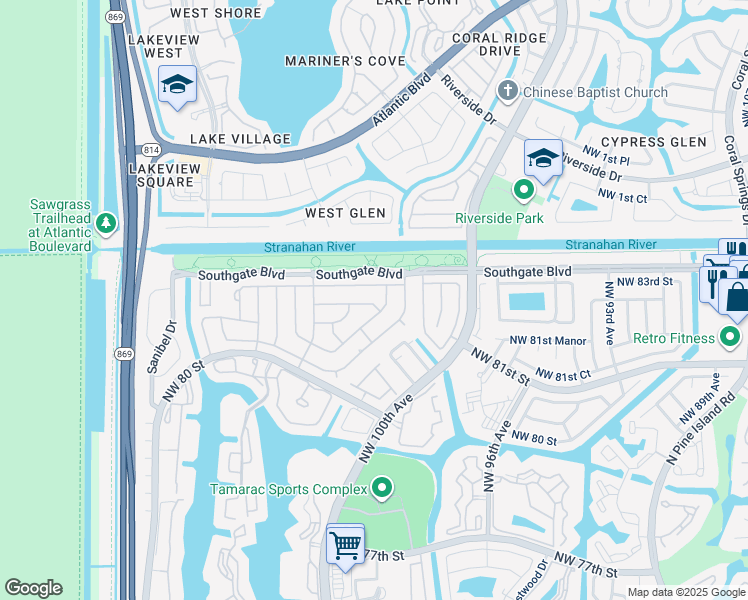 map of restaurants, bars, coffee shops, grocery stores, and more near 10103 Northwest 82nd Street in Tamarac