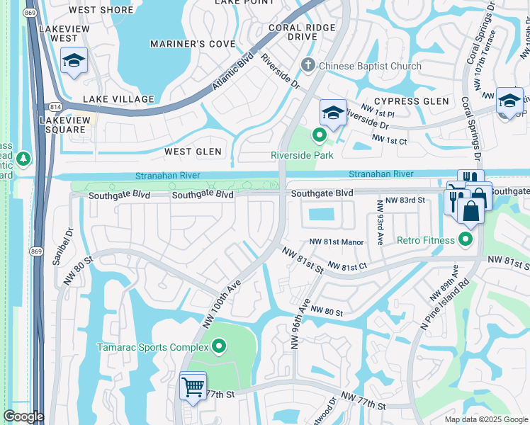 map of restaurants, bars, coffee shops, grocery stores, and more near 8208 Northwest 100th Lane in Tamarac