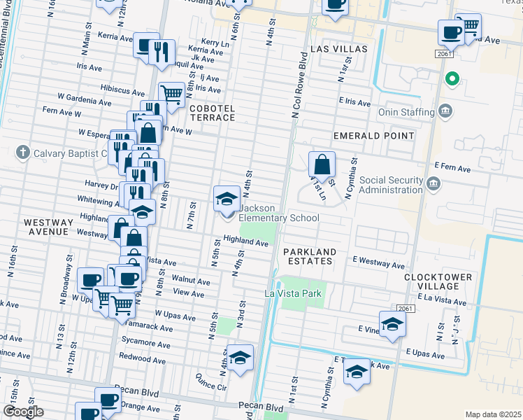 map of restaurants, bars, coffee shops, grocery stores, and more near 306 Harvey Street in McAllen