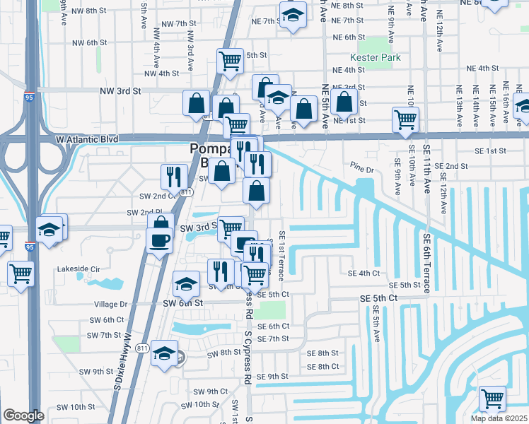 map of restaurants, bars, coffee shops, grocery stores, and more near 289 Southeast 1st Avenue in Pompano Beach