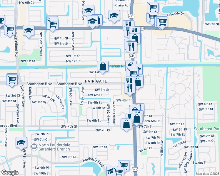 map of restaurants, bars, coffee shops, grocery stores, and more near 6131 Southwest 3rd Street in Margate
