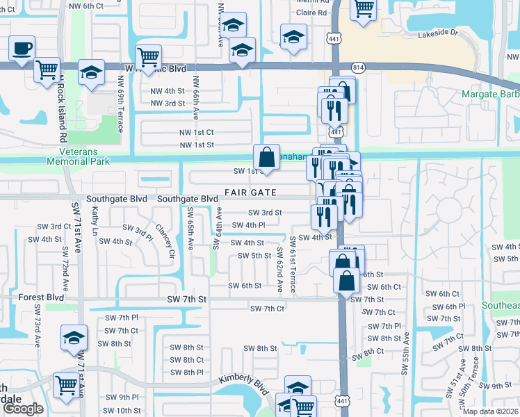 map of restaurants, bars, coffee shops, grocery stores, and more near 6211 Southwest 3rd Street in Margate