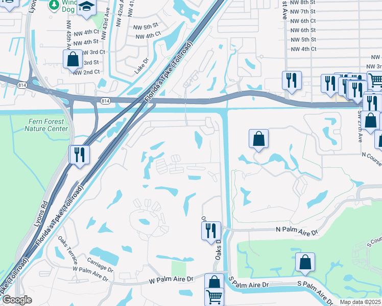 map of restaurants, bars, coffee shops, grocery stores, and more near 3503 Oaks Way in Pompano Beach