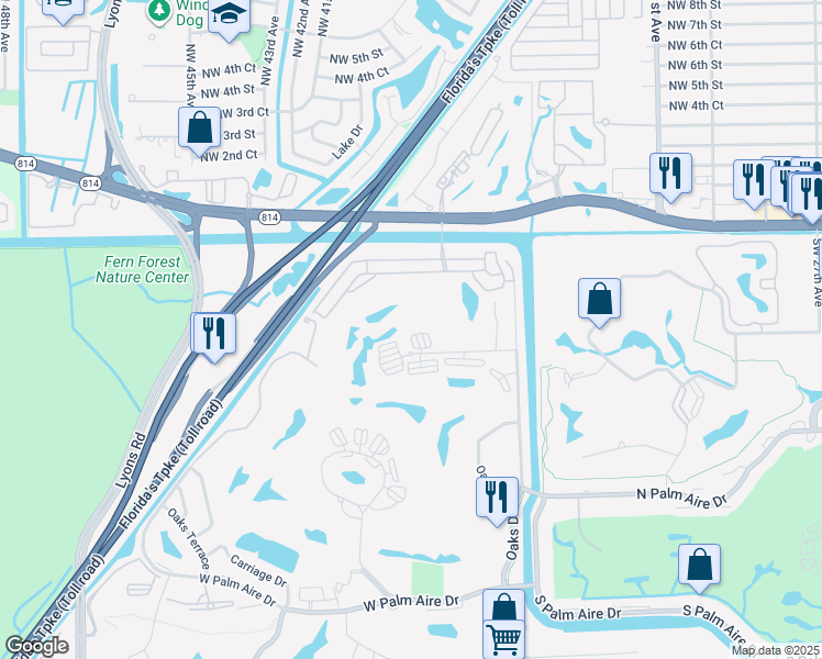 map of restaurants, bars, coffee shops, grocery stores, and more near 3505 Oaks Way in Pompano Beach