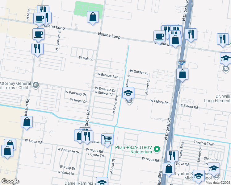 map of restaurants, bars, coffee shops, grocery stores, and more near 705 West Emerald Drive in Pharr