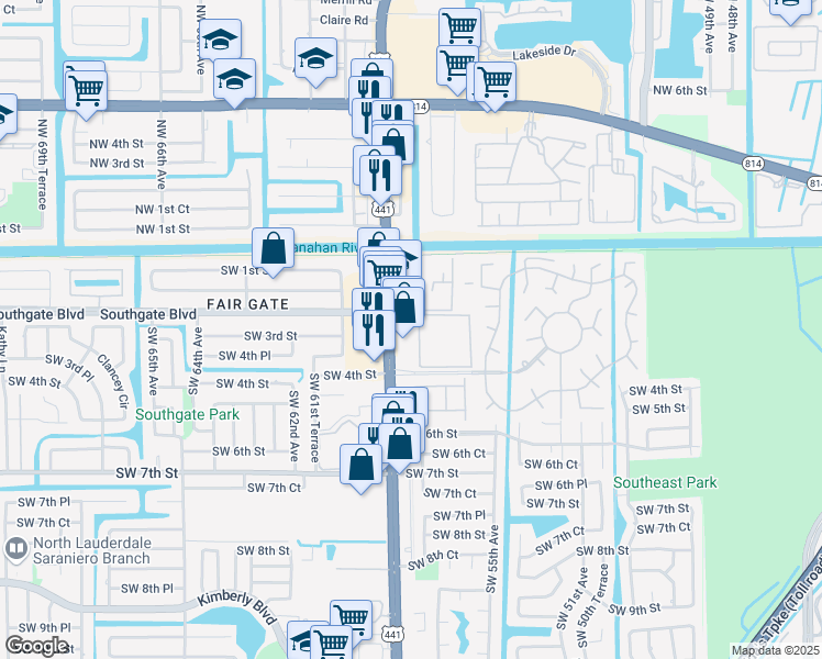 map of restaurants, bars, coffee shops, grocery stores, and more near 316 South State Road 7 in Margate
