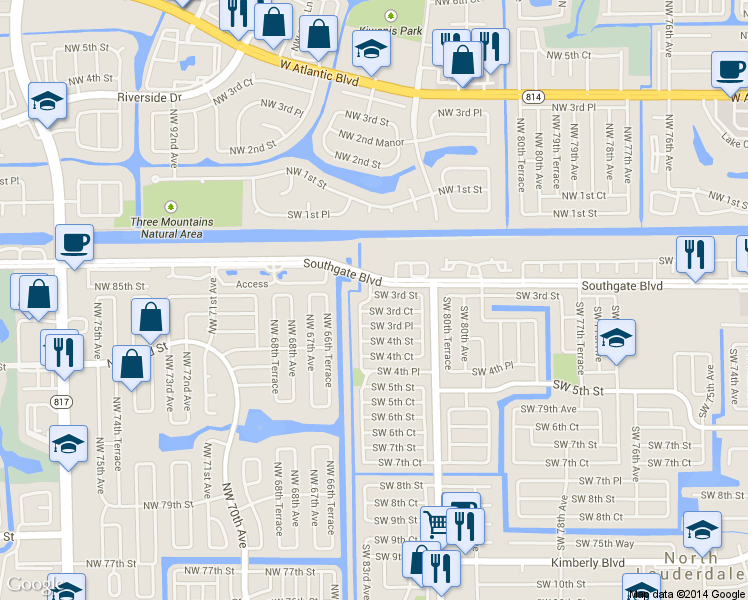 map of restaurants, bars, coffee shops, grocery stores, and more near 8240 Southwest 3rd Street in North Lauderdale