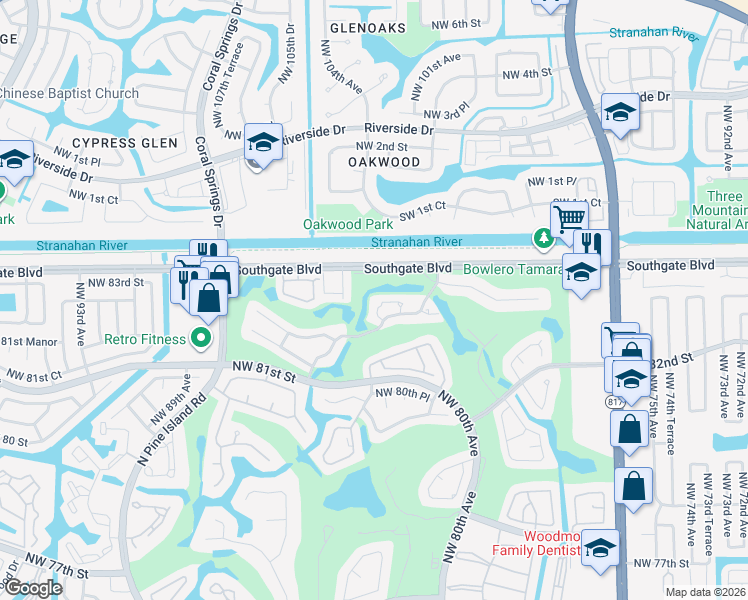 map of restaurants, bars, coffee shops, grocery stores, and more near 8445 Waterford Circle in Tamarac
