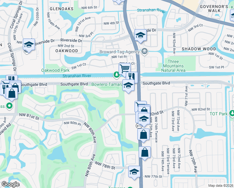 map of restaurants, bars, coffee shops, grocery stores, and more near 7820 Northwest 83rd Street in Tamarac