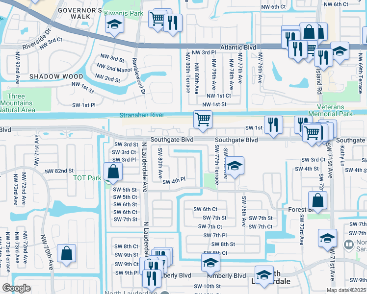 map of restaurants, bars, coffee shops, grocery stores, and more near 7904 Southwest 78th Avenue in North Lauderdale