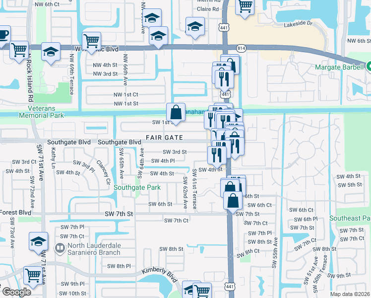 map of restaurants, bars, coffee shops, grocery stores, and more near 6131 Southwest 3rd Street in Margate