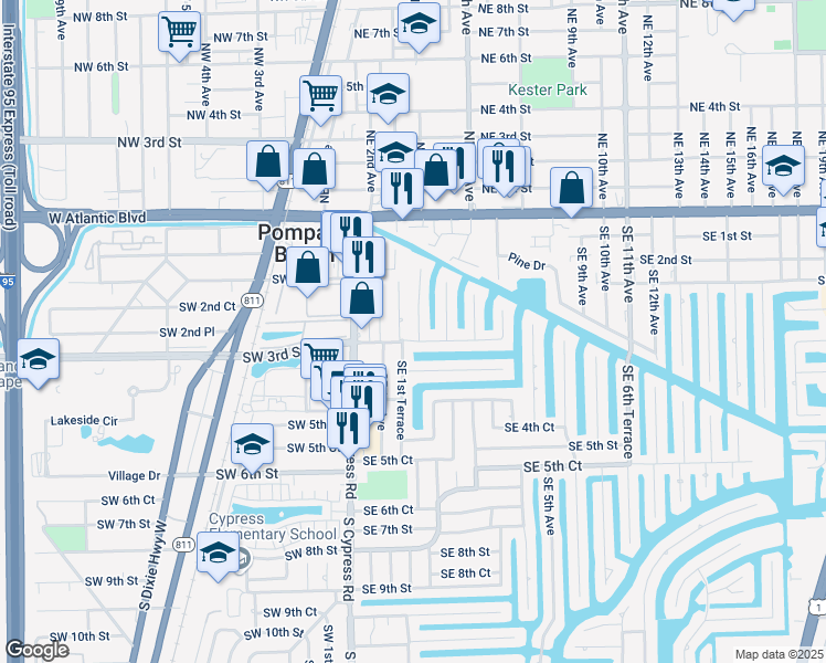 map of restaurants, bars, coffee shops, grocery stores, and more near 289 Southeast 2nd Avenue in Pompano Beach