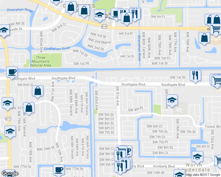 map of restaurants, bars, coffee shops, grocery stores, and more near 8140 Southwest 3rd Street in North Lauderdale