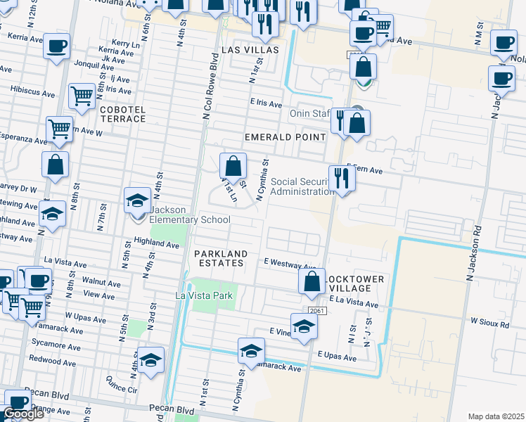 map of restaurants, bars, coffee shops, grocery stores, and more near 2904 North 1st Street in McAllen